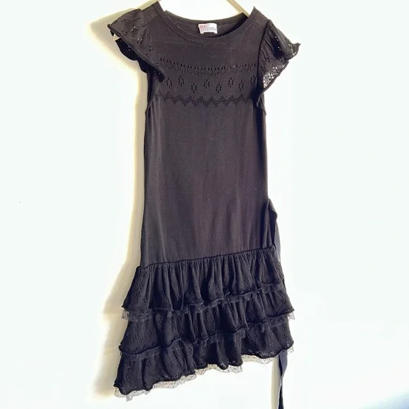 Red Valentino Black Knit Ruffle Dress Tie Waist Eyelet Lace Tiered Mini Sz XS S - Picture 6 of 15